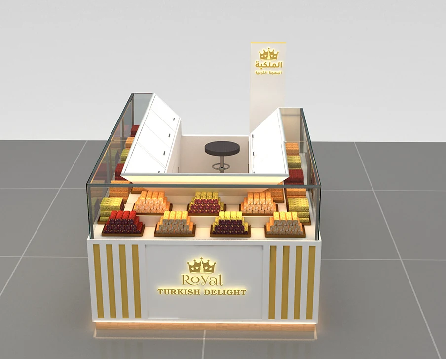 Design elegante di chiosco di caramelle reale personalizzato per pasticceria su misura per il centro commerciale in saldo, vista del chiosco di caramelle 3