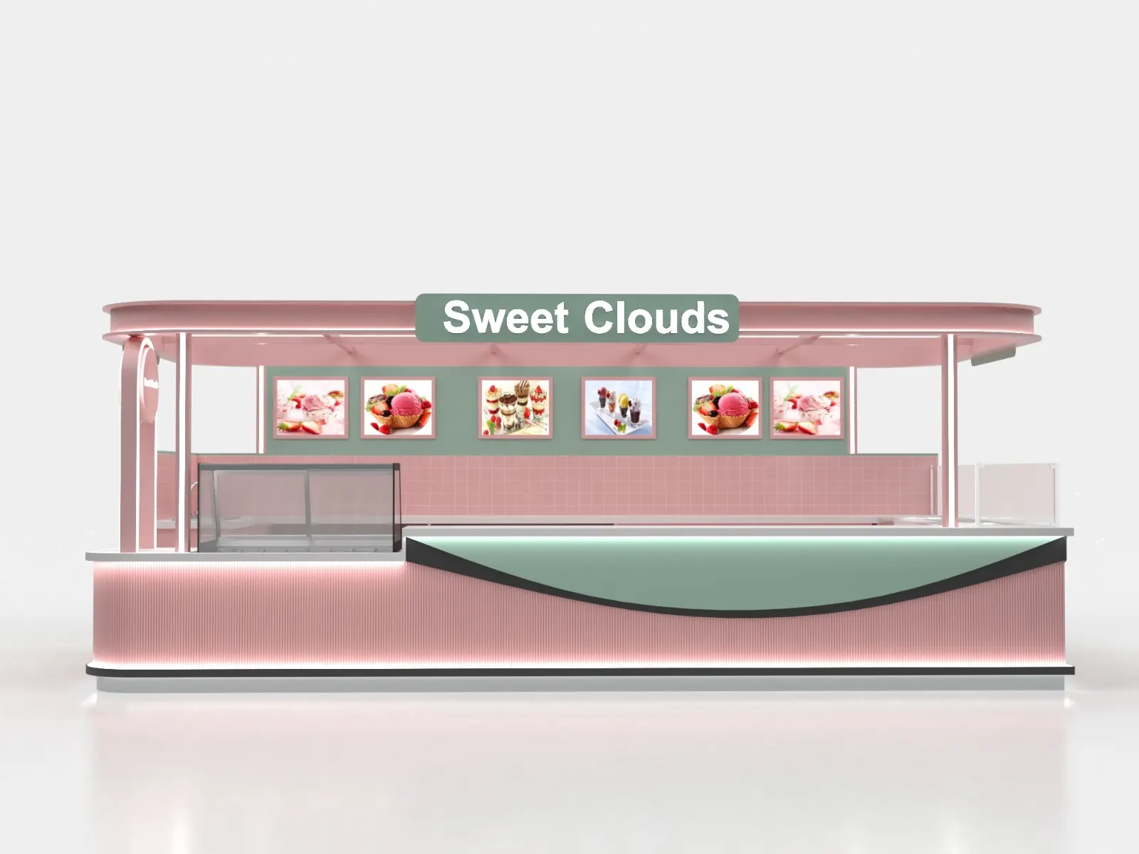 Sweet Cloud Eiscreme-Kiosk mit pinkem Glasdach Eiscreme-Kiosk Ansicht 2