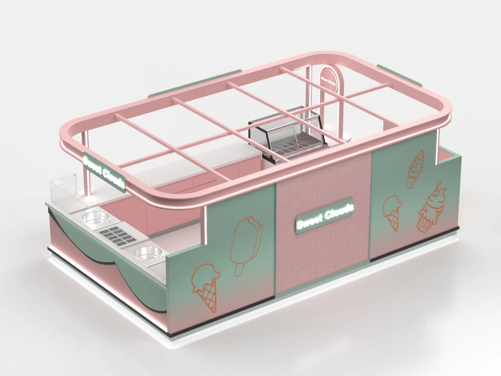 Sweet Cloud Eiscreme-Kiosk mit pinkem Glasdach Eiscreme-Kiosk Ansicht 3