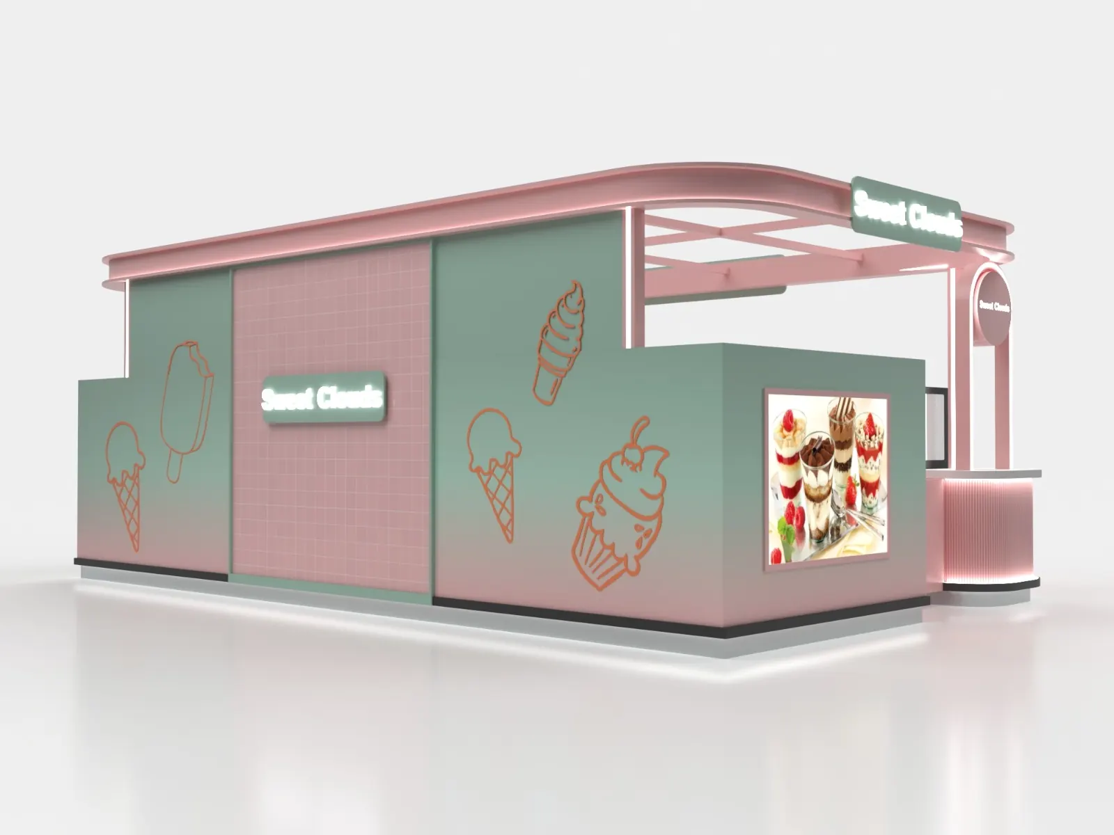Sweet Cloud Eiscreme-Kiosk mit pinkem Glasdach Eiscreme-Kiosk Ansicht 4