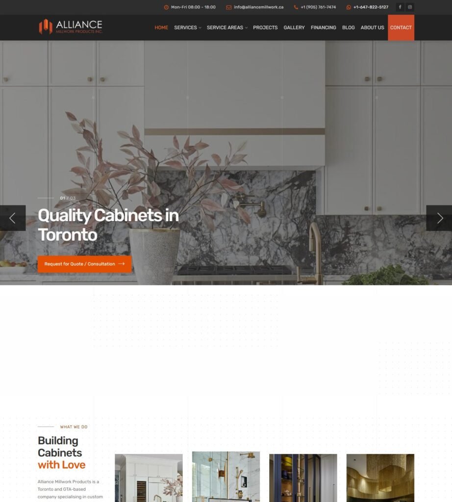 Captura de pantalla de la página principal de Alliance Millwork