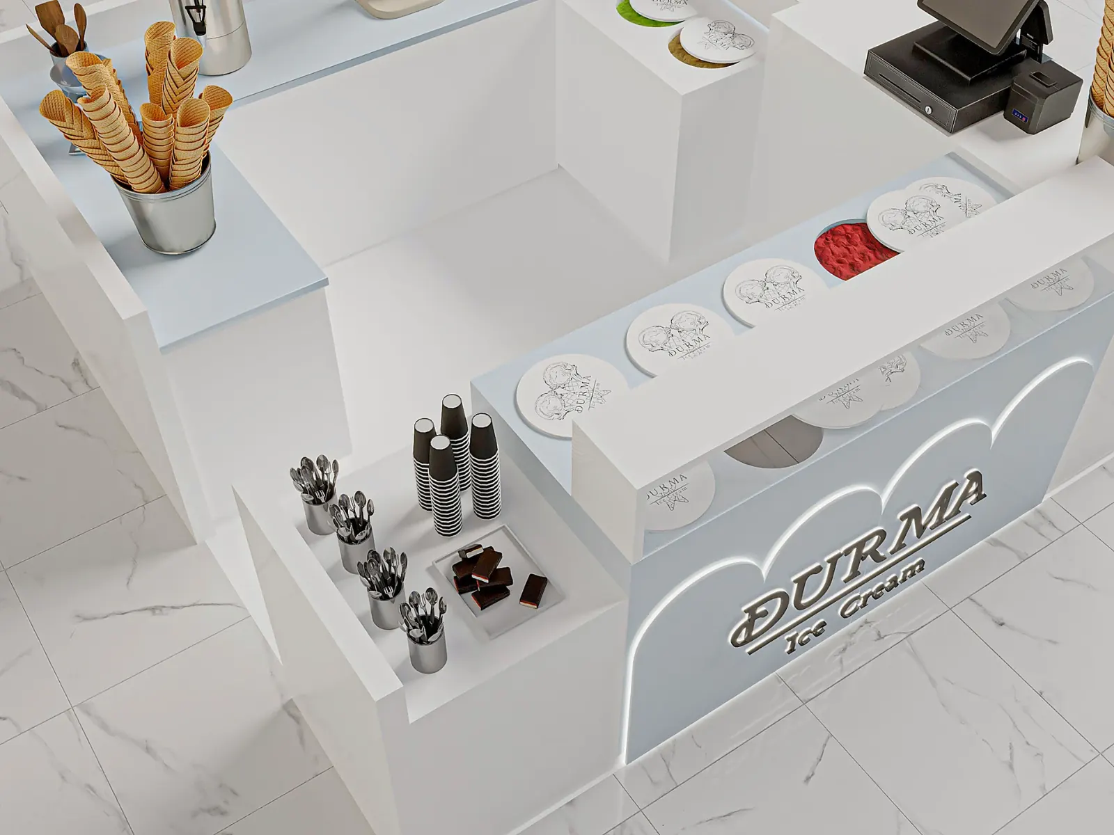 Beyaz Özel Dondurma Kiosk'u Minimalist Servis Çubuğu dondurma kiosk görünüm 3