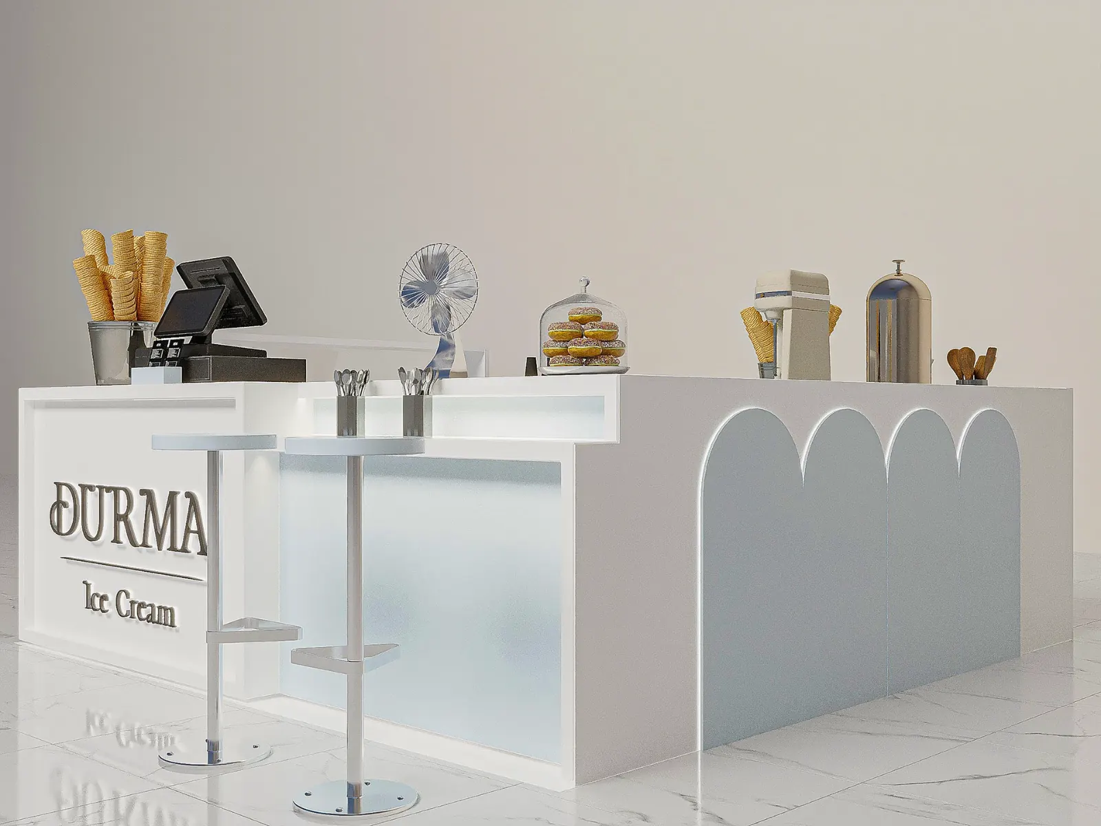 Beyaz Özel Dondurma Kiosk'u Minimalist Servis Çubuğu dondurma kiosk görünüm 4