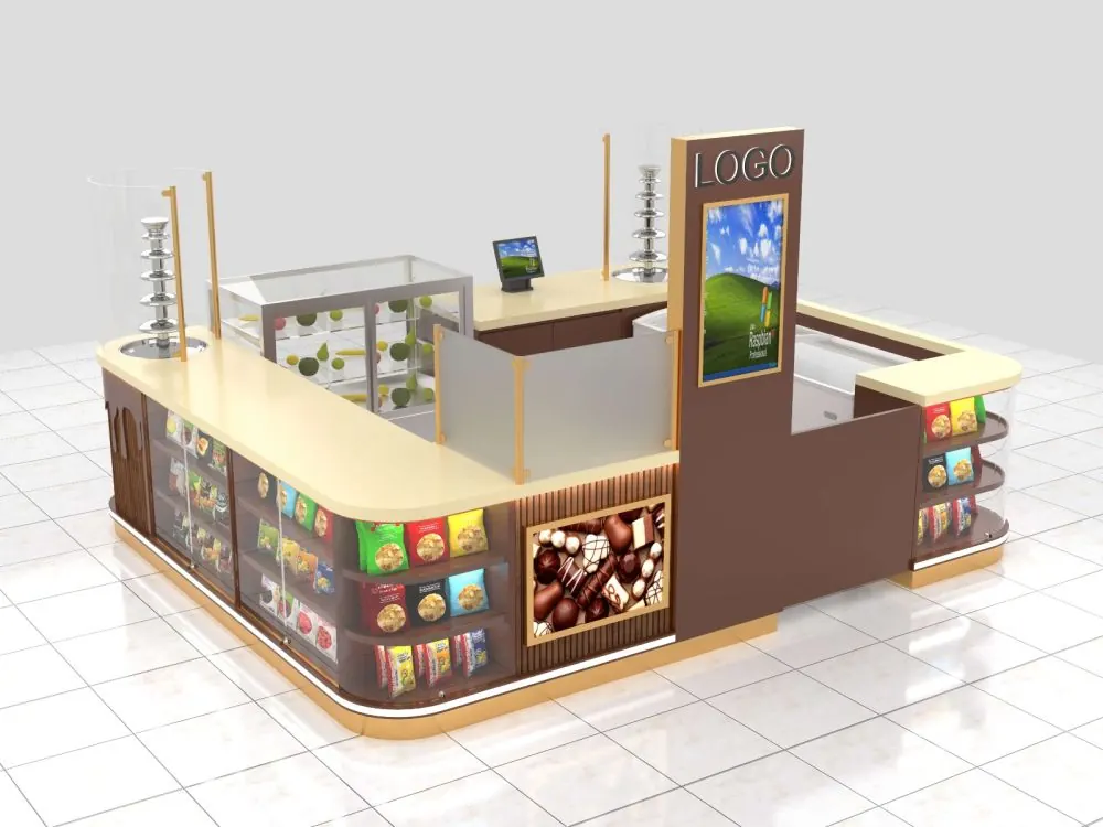 Vista 3 del kiosco de helado de gelato con acabado en madera y congelador de exhibición