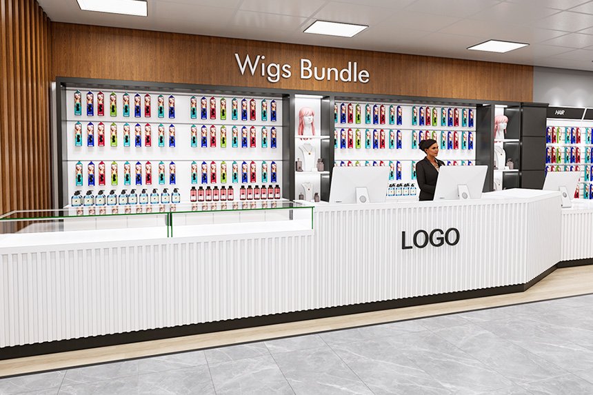 Diseño interior de tienda de pelucas