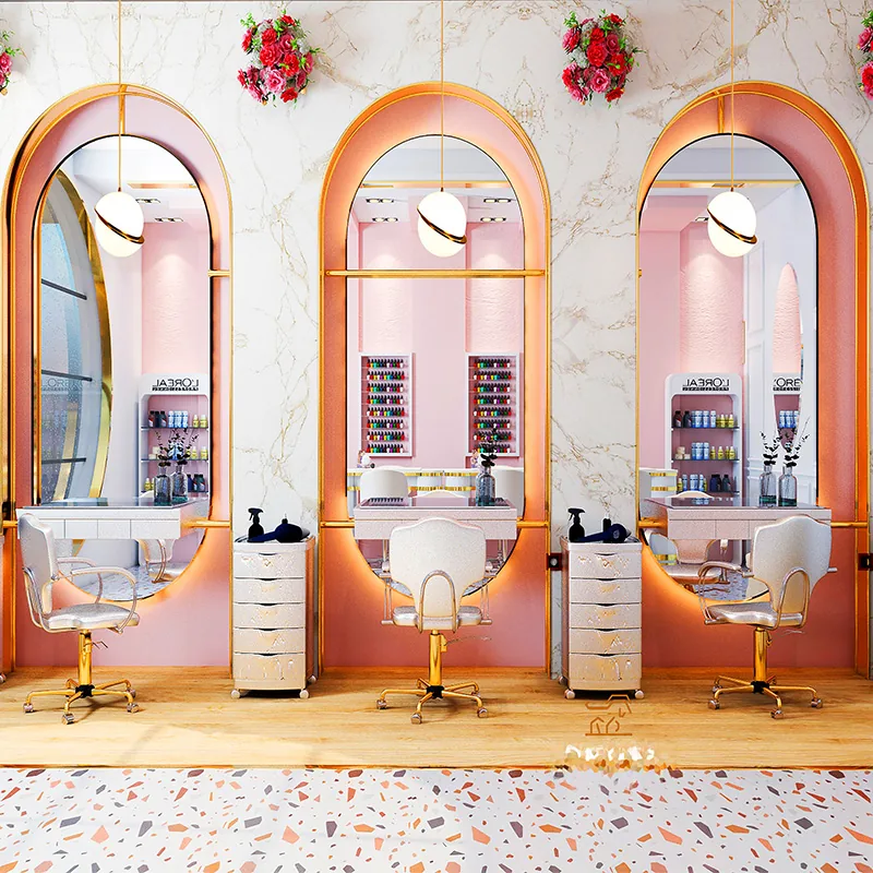 Stazioni di styling per saloni di bellezza rosa ad arco con scaffali retail_01