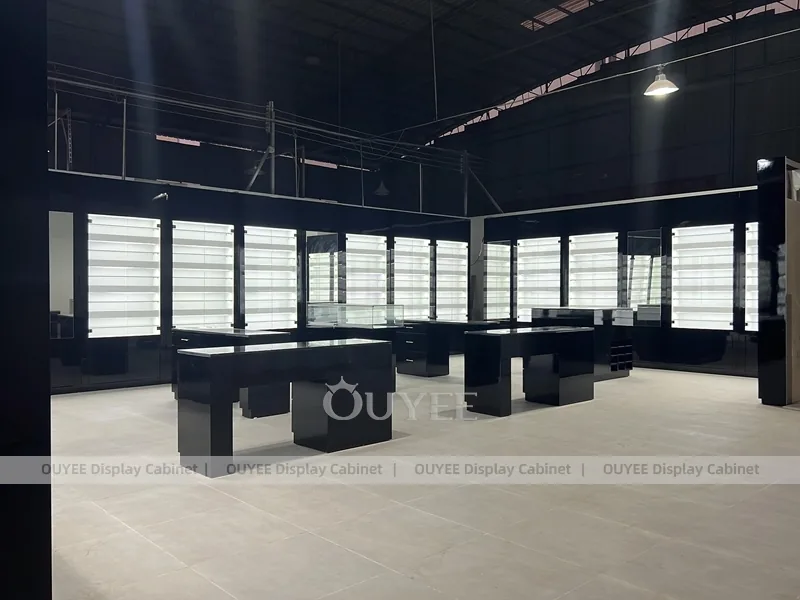 Black Optical Shop Interior with Illuminated Wall Shelves and Display Tables_02