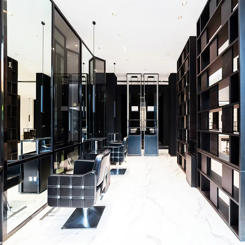 Black and White Barber Styling Station with Tall Mirror Towers_03