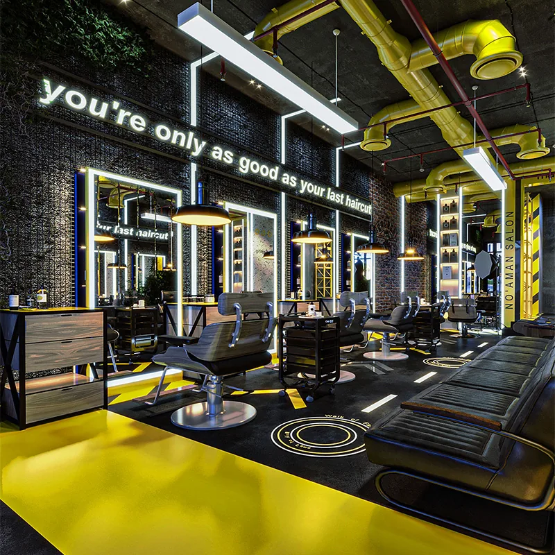 Black and Yellow Barber Shop Interior with Styling Stations_02