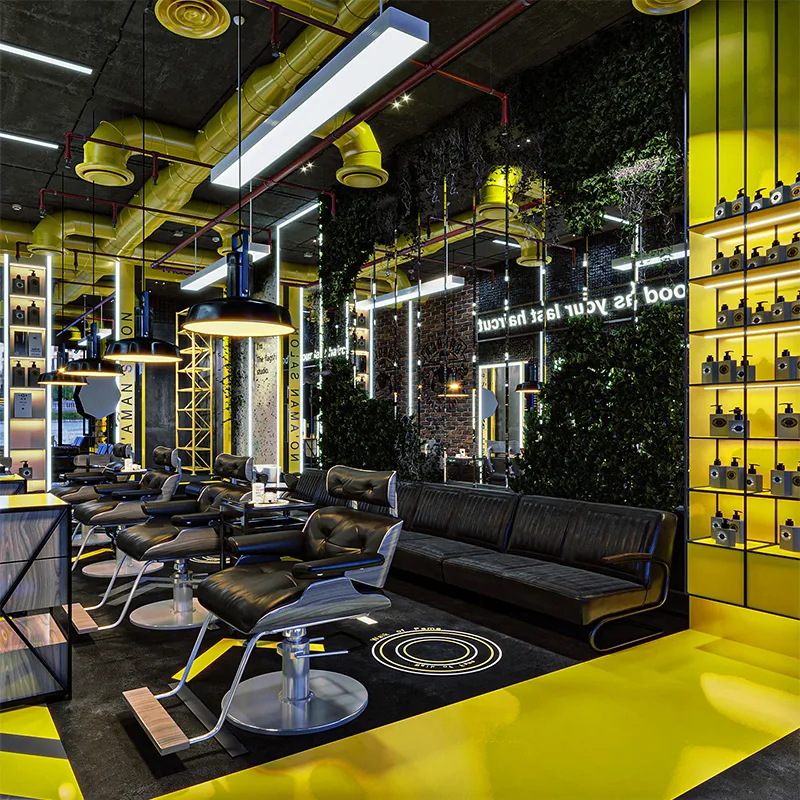 Black and Yellow Barber Shop Interior with Styling Stations_03