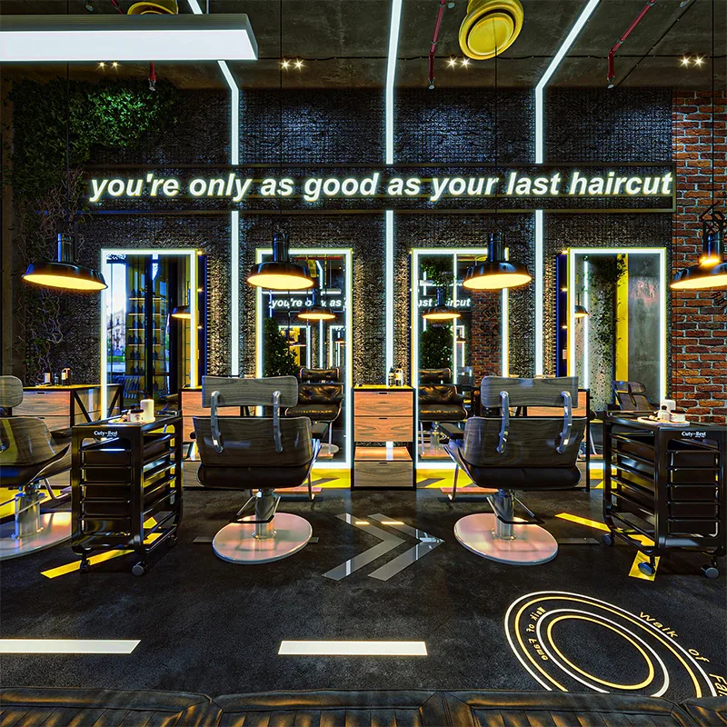 Black and Yellow Barber Shop Interior with Styling Stations_04