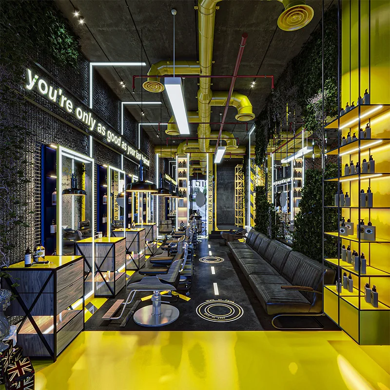 Black and Yellow Barber Shop Interior with Styling Stations_05