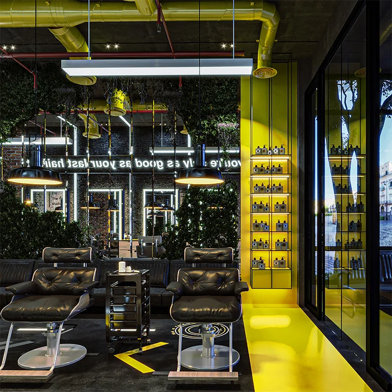 Black and Yellow Barber Shop Interior with Styling Stations_06