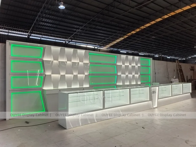 Blue LED Optical Display Wall with Glass Counters and Feature Panels_02