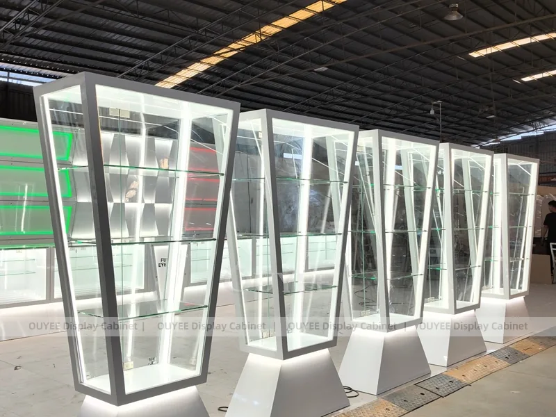 Blue LED Optical Display Wall with Glass Counters and Feature Panels_06