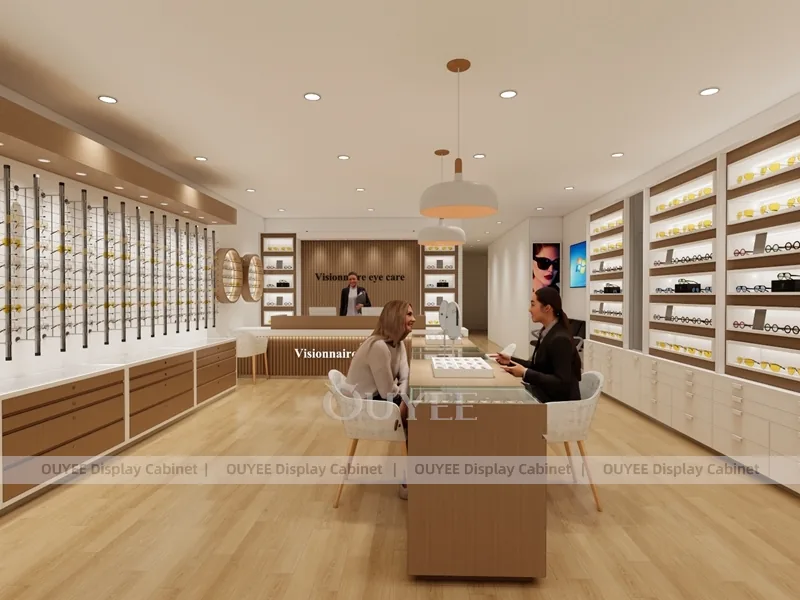 Butik Optik Mağaza İçi Tasarımı Eğimli Tezgahlar ve Yuvarlak Duvar Gösterimleri_02