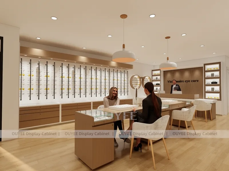 Butik Optik Mağaza İçi Tasarımı Eğimli Tezgahlar ve Yuvarlak Duvar Gösterimleri_05