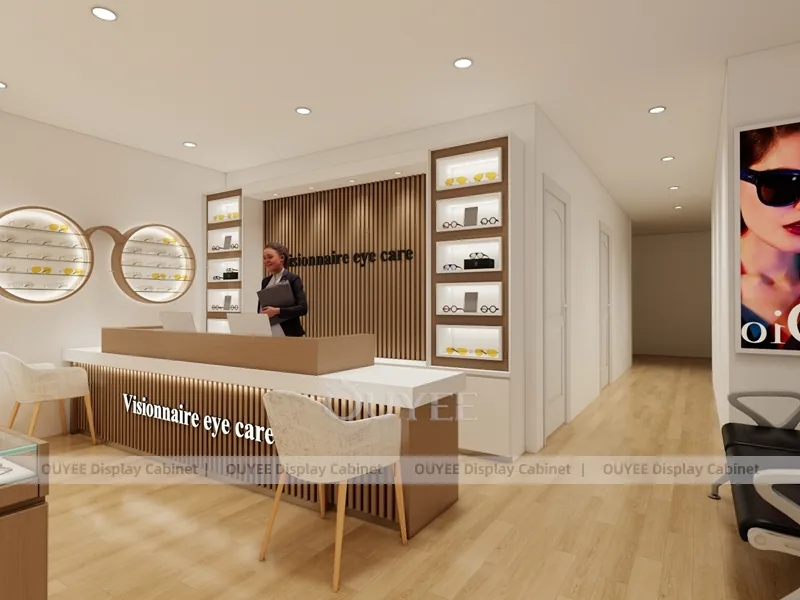 Butik Optik Mağaza İçi Tasarımı Eğimli Tezgahlar ve Yuvarlak Duvar Gösterimleri_10