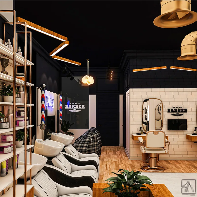 Gebrandeter Barber-Shop-Stylingbereich mit weißen Stationen und Holzfußboden_03