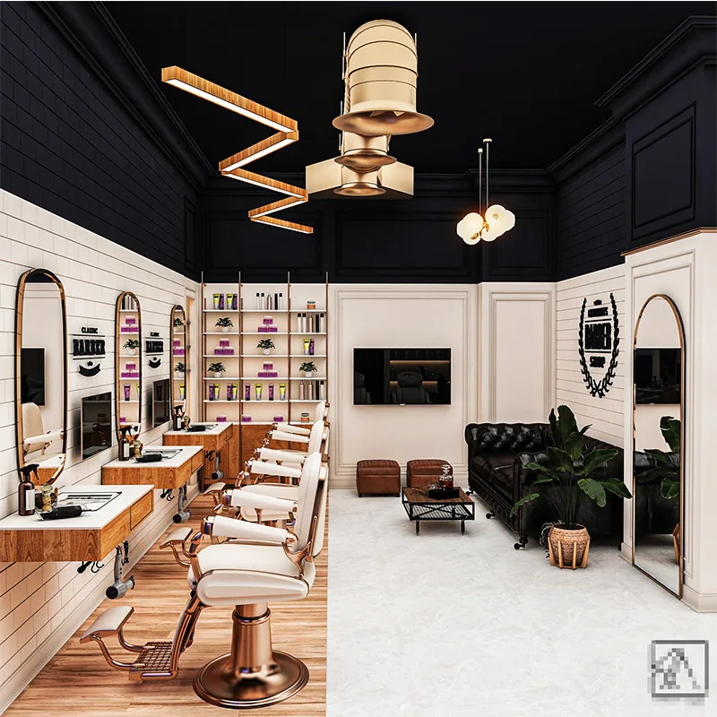 Gebrandeter Barber-Shop-Stylingbereich mit weißen Stationen und Holzfußboden_04