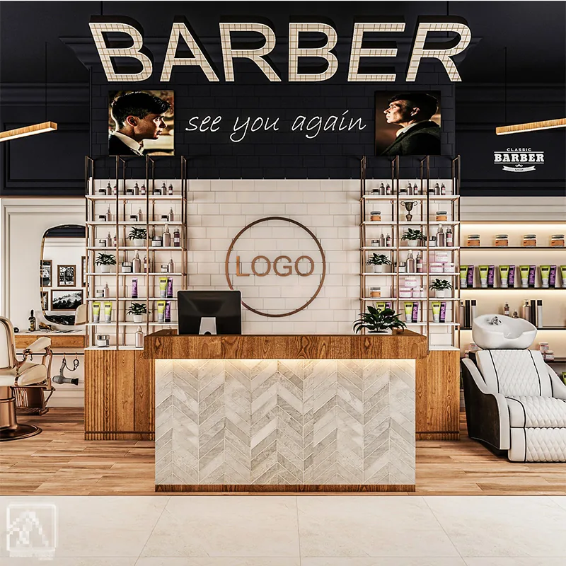 Gebrandeter Barber-Shop-Stylingbereich mit weißen Stationen und Holzfußboden_05