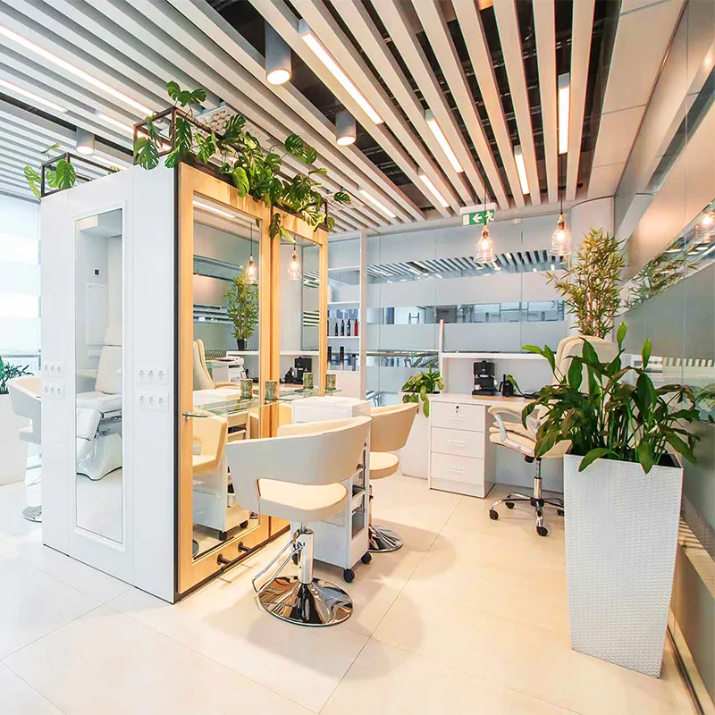 Zona styling salone luminosa con divisori in vetro e piante_01