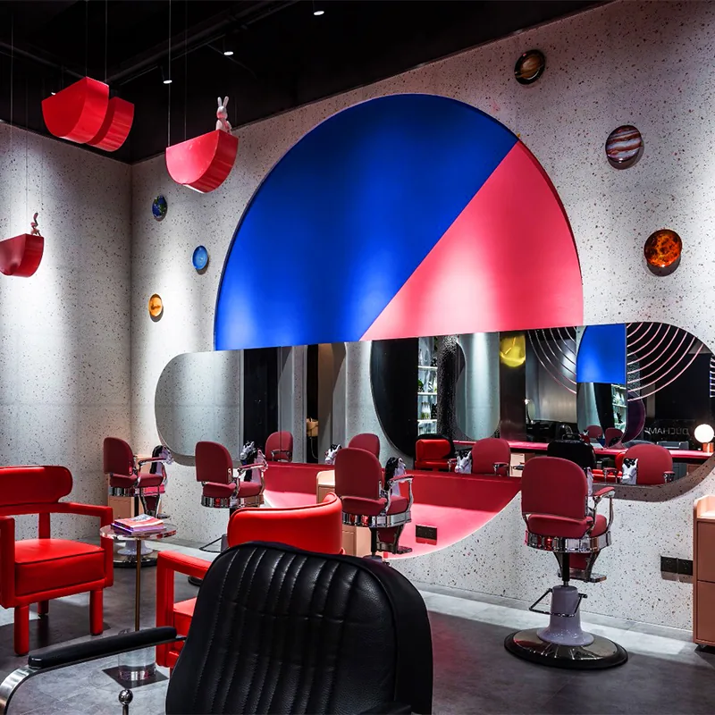 Color Block Barber Shop Interior with Red Styling Chairs_02