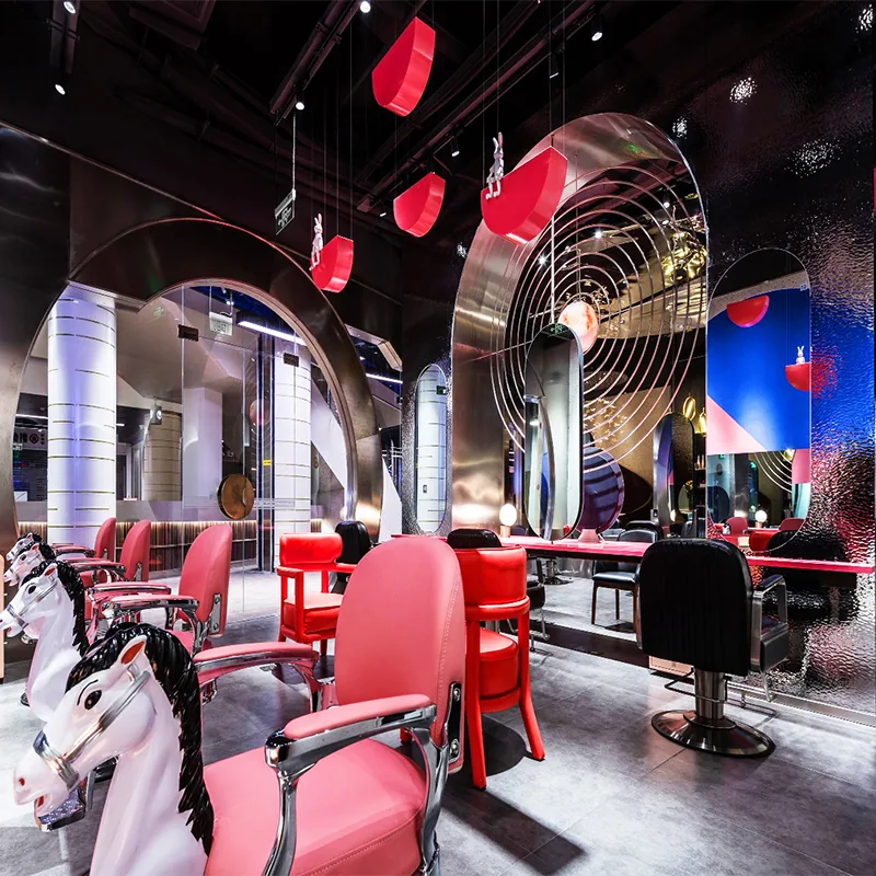 Color Block Barber Shop Interior with Red Styling Chairs_03