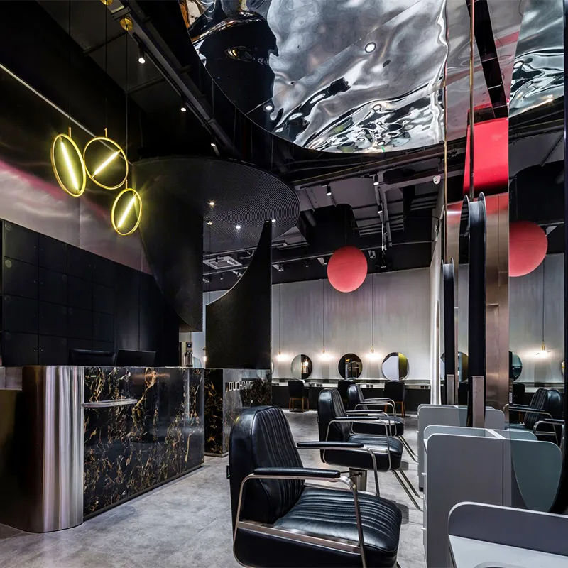 Color Block Barber Shop Interior with Red Styling Chairs_06