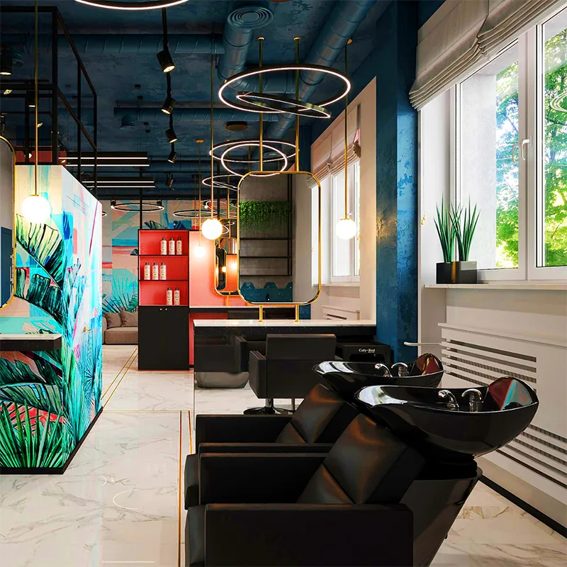 Stazione lavaggio salone colorata con poltrone shampoo nere_01
