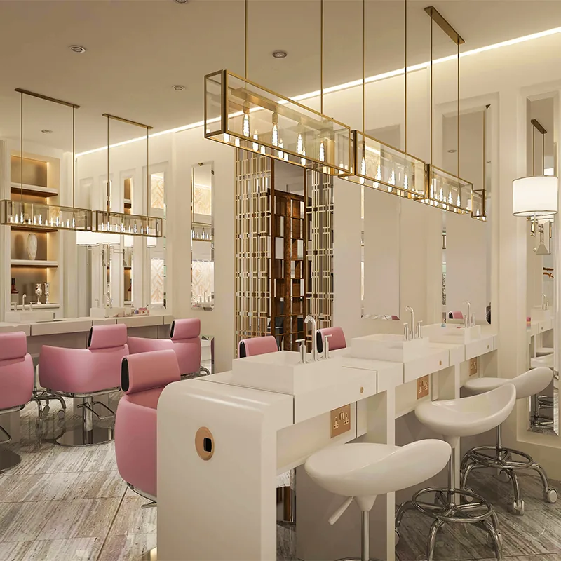 Tavolo manicure salone unghie bianco contemporaneo con sedie rosa_01