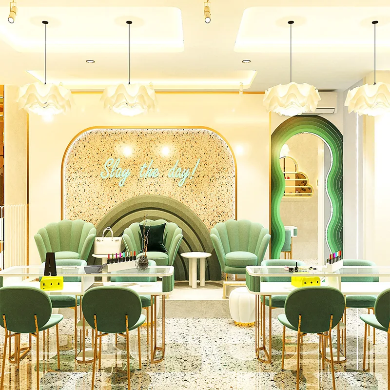 Salón de Belleza Verde Elegante con Mesas Redondas y Expositores de Productos_01