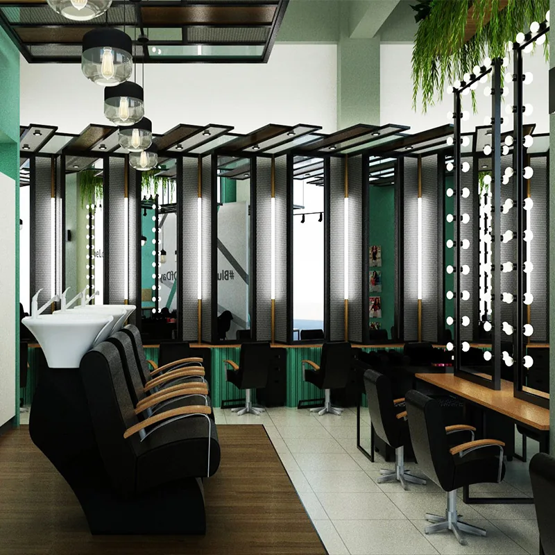 Grüner Salon-Stylingbereich mit Wandspiegeln und Waschbecken_01