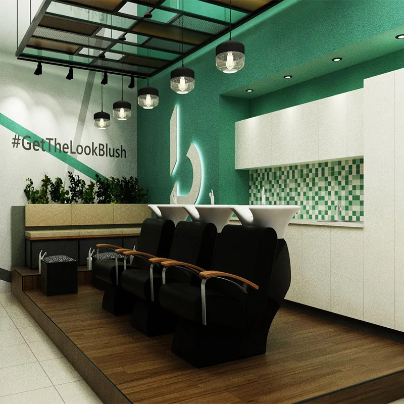 Zona de estilismo verde de salón con espejos de pared y lavabo_02
