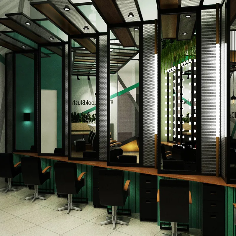 Grüner Salon-Stylingbereich mit Wandspiegeln und Waschbecken_03
