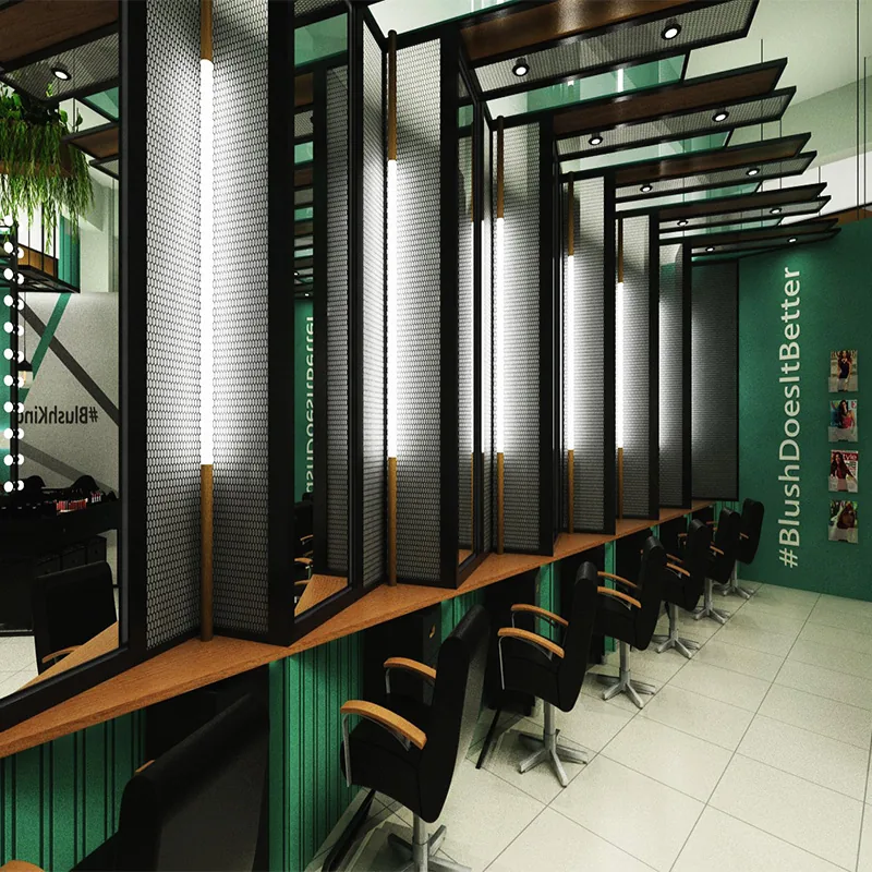 Grüner Salon-Stylingbereich mit Wandspiegeln und Waschbecken_04
