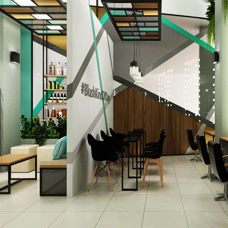 Grüner Salon-Stylingbereich mit Wandspiegeln und Waschbecken_05