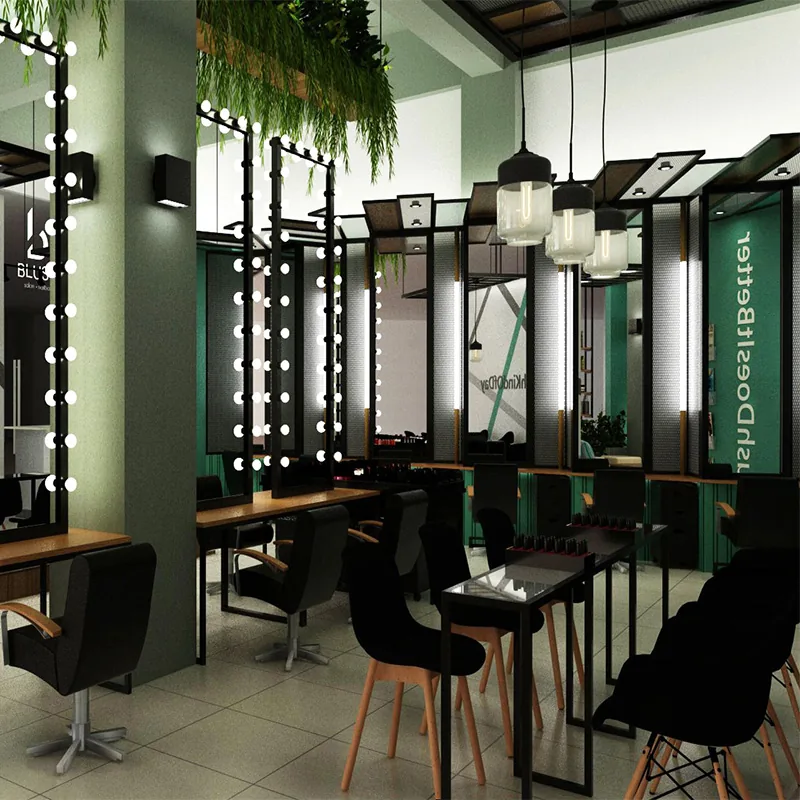 Grüner Salon-Stylingbereich mit Wandspiegeln und Waschbecken_06