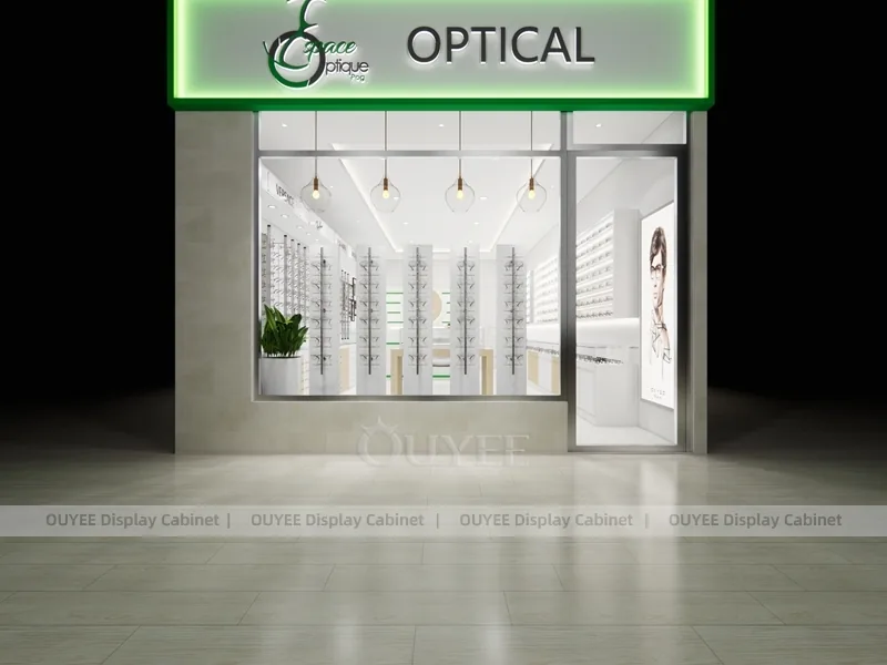 Green Sign Optical Shop Storefront with White Eyewear Display Wall_01