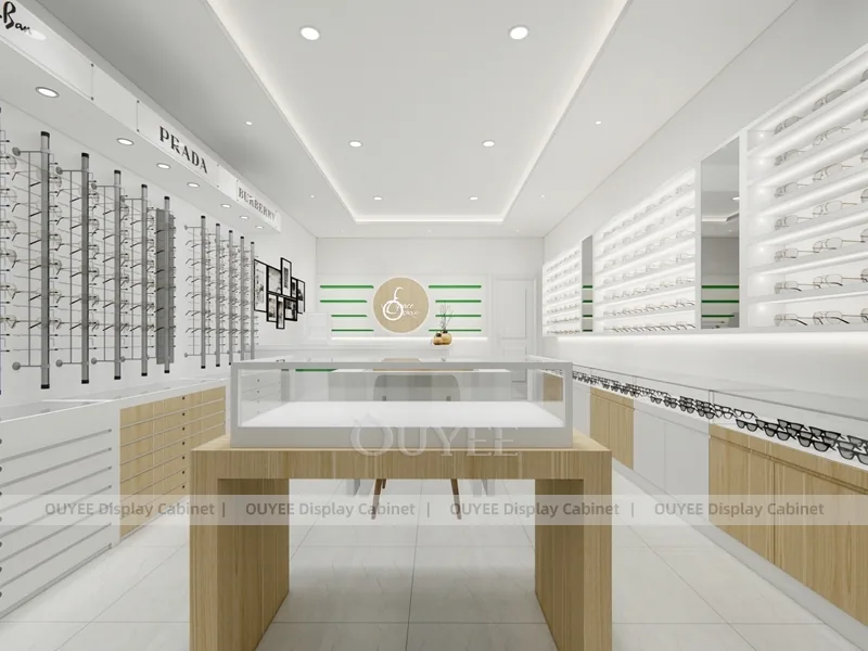 Green Sign Optical Shop Storefront with White Eyewear Display Wall_04