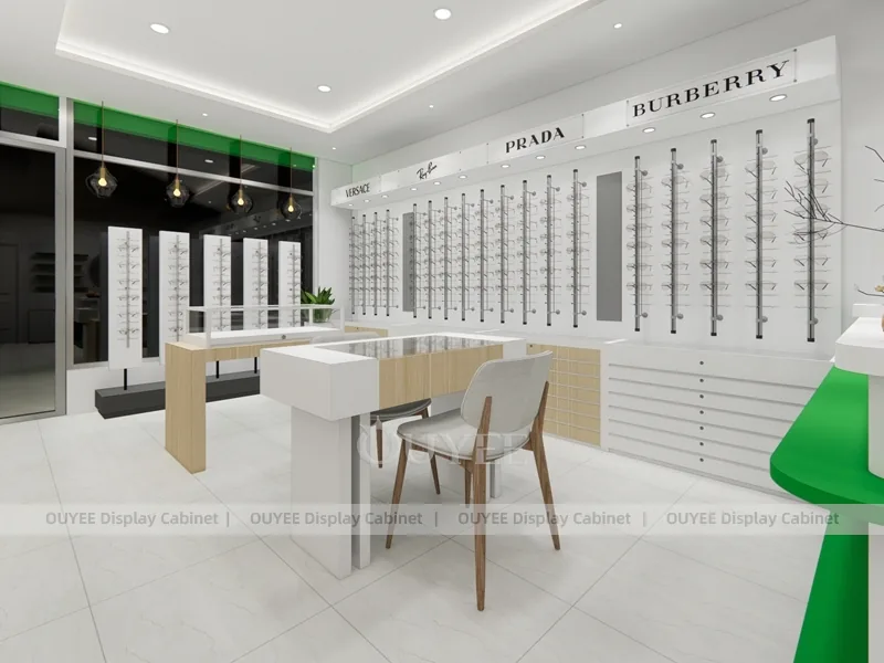 Green Sign Optical Shop Storefront with White Eyewear Display Wall_07
