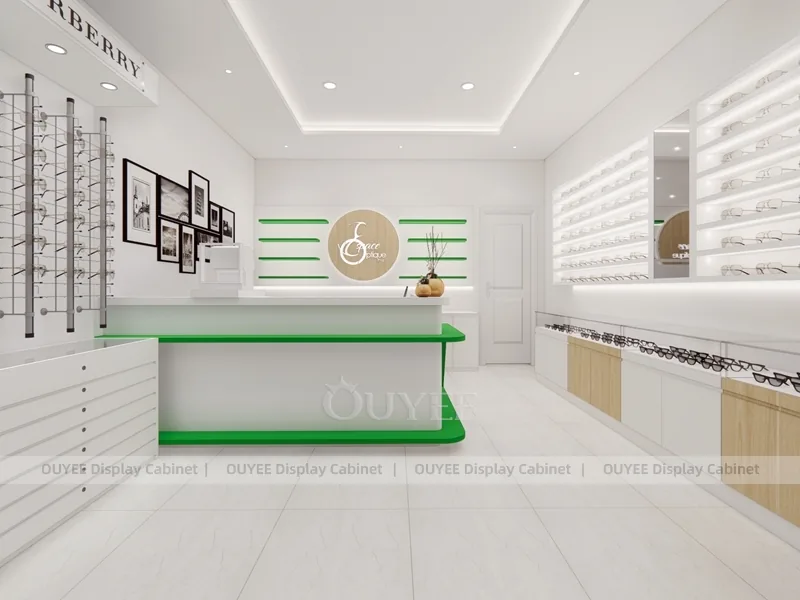 Green Sign Optical Shop Storefront with White Eyewear Display Wall_09