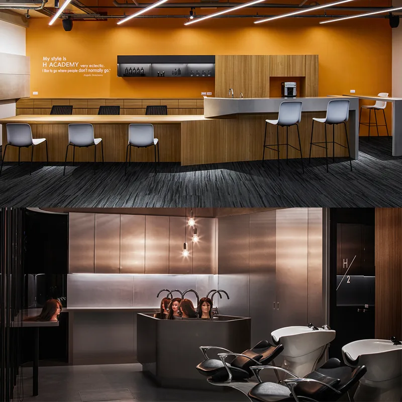 Industrial Salon Styling Table with Orange Chairs and Wood Partitions_06