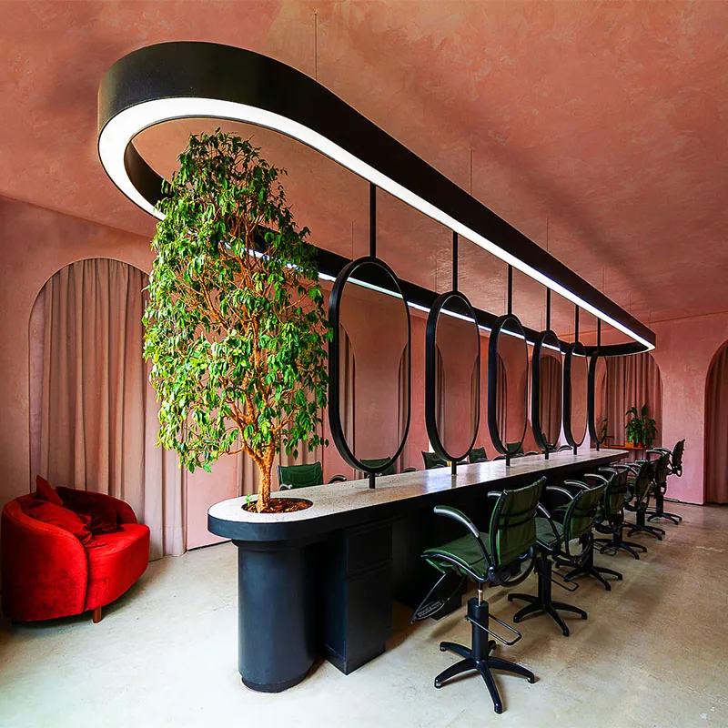 Isola lineare per lo styling del salone con specchi sospesi e fioriere_01