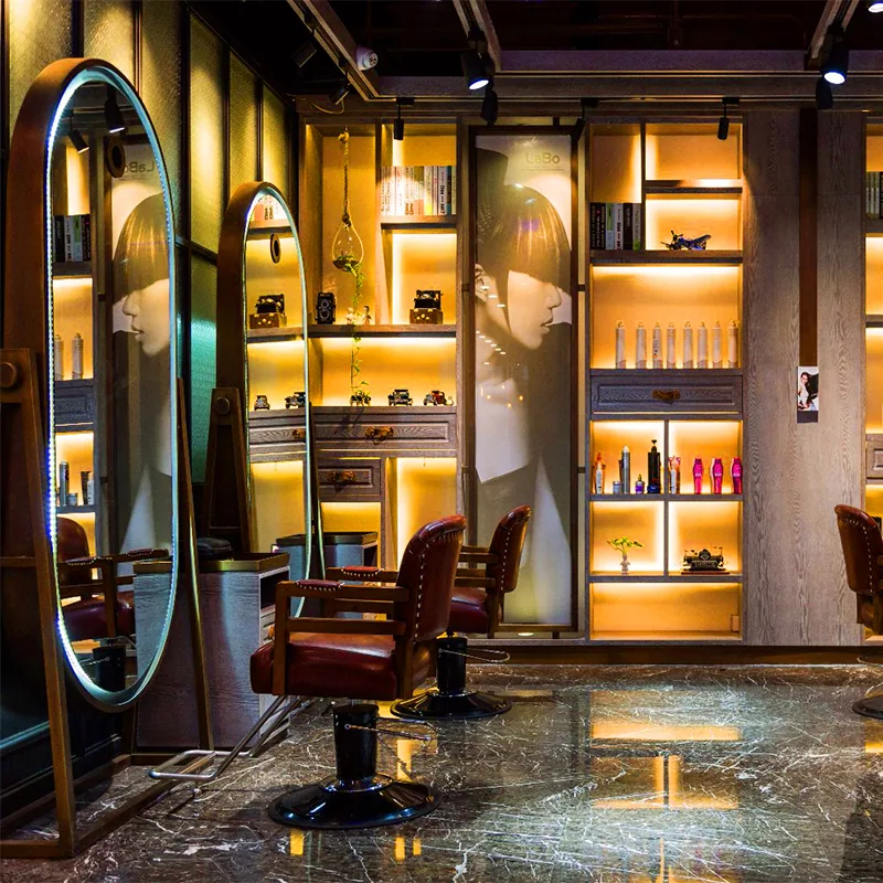 Langer luxuriöser Salon-Styling-Tresen mit runden Spiegeln_03