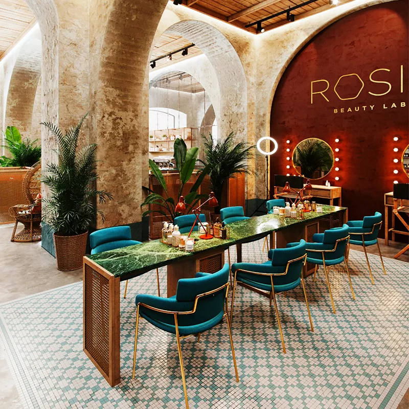 Lounge salone di bellezza di lusso con sedie verde petrolio e esposizione prodotti_01