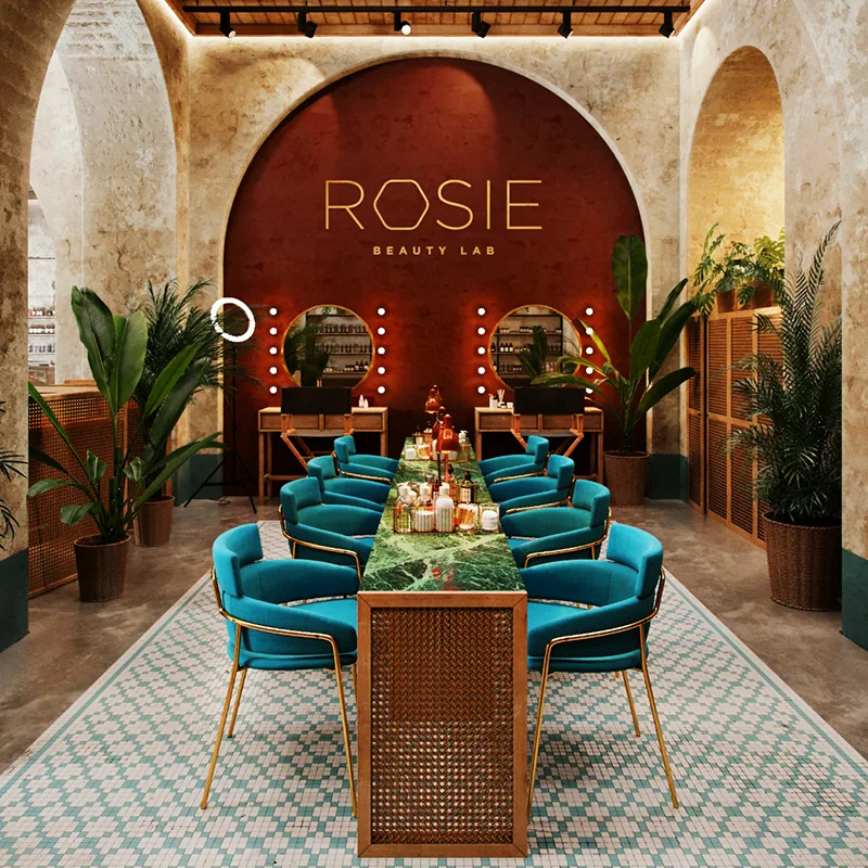 Luxuriöse Beauty-Salon-Lounge mit türkisfarbenen Stühlen und Produktpräsentationen_02