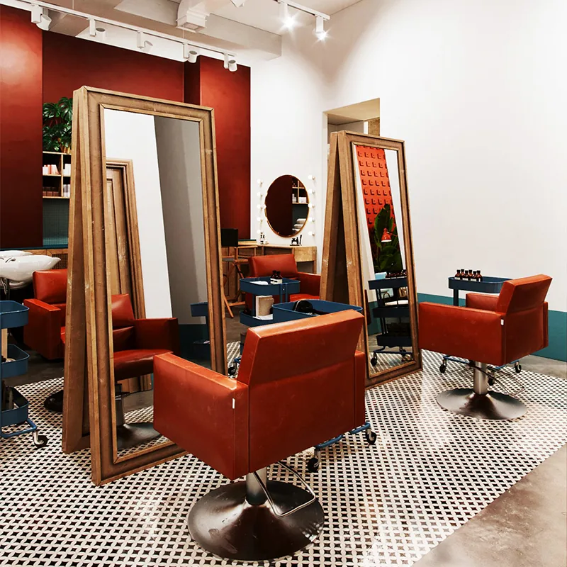 Luxuriöse Beauty-Salon-Lounge mit türkisfarbenen Stühlen und Produktpräsentationen_04