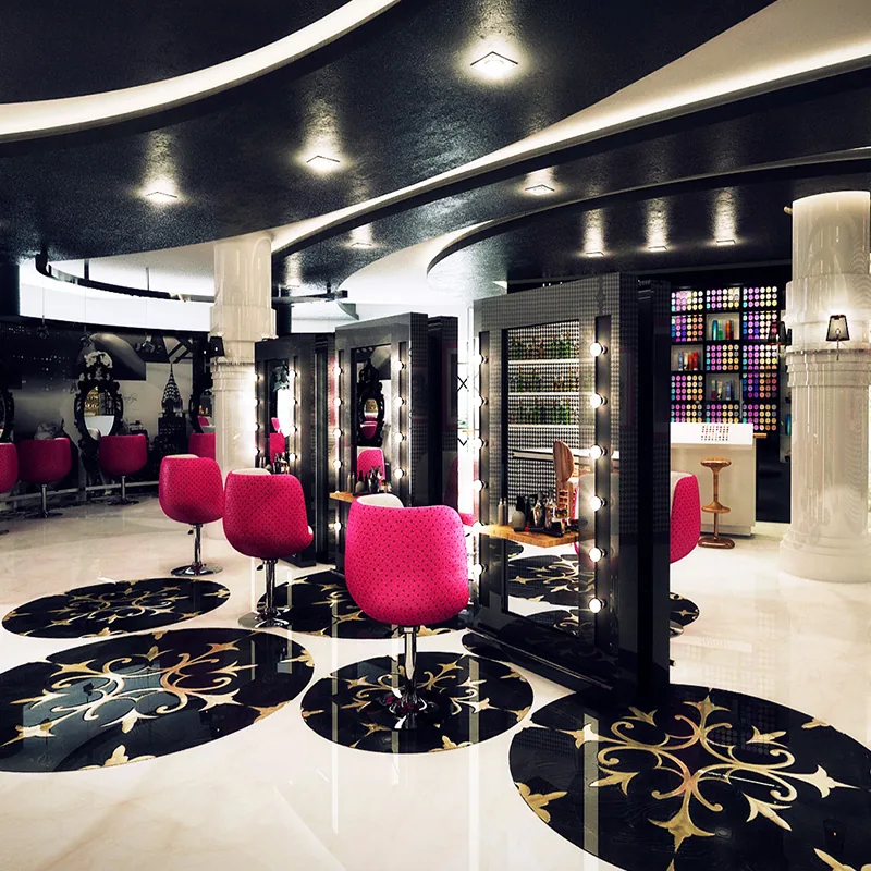 Interno salone di lusso nero con poltrone rosa_01