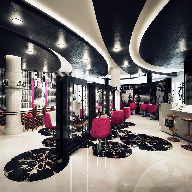 Luxury Black Salon Interior with Pink Styling Chairs_02